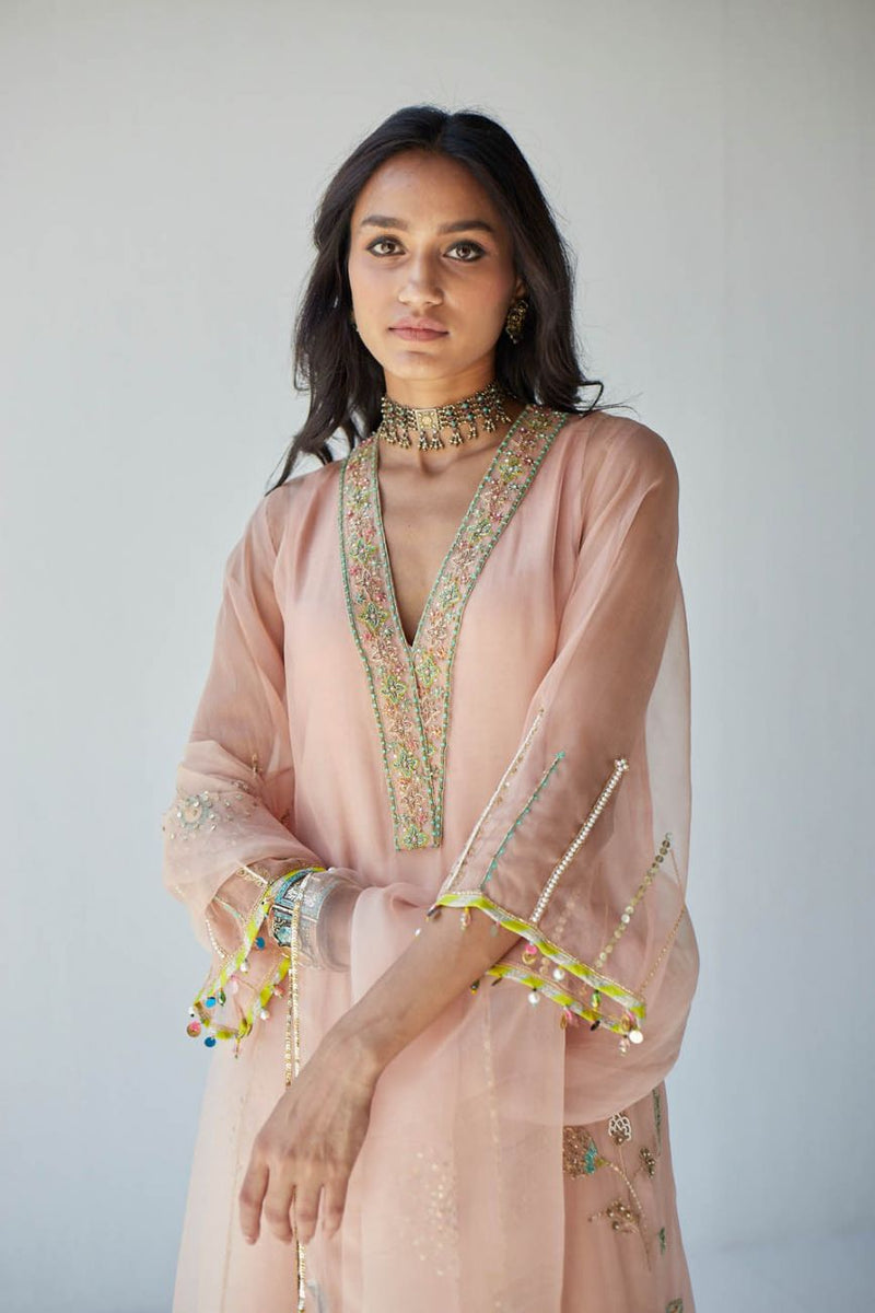 NUDE PINK JAAL ORGANZA KURTA SET Kurta Sets by Rajiramniq for women Worldwide