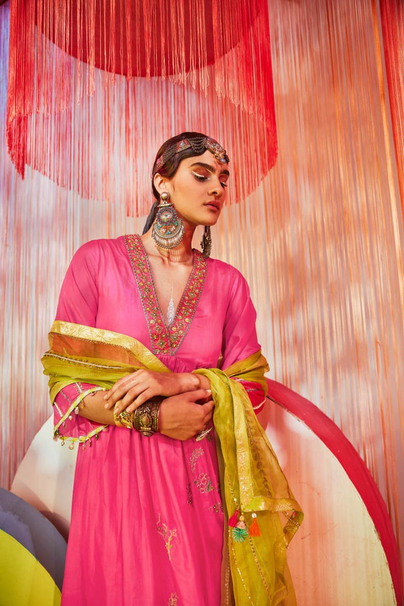 HOT PINK JAAL SILK KURTA SET Kurta Sets by Rajiramniq for women Worldwide