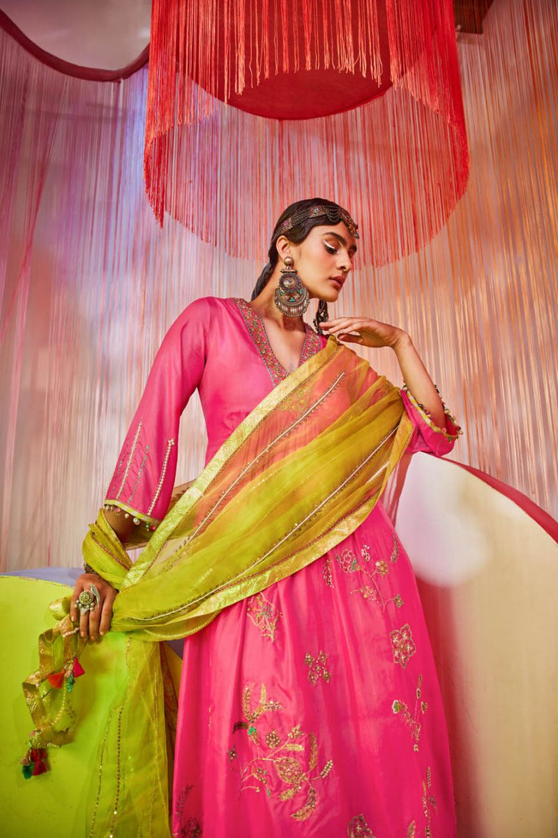 HOT PINK JAAL SILK KURTA SET Kurta Sets by Rajiramniq for women Worldwide