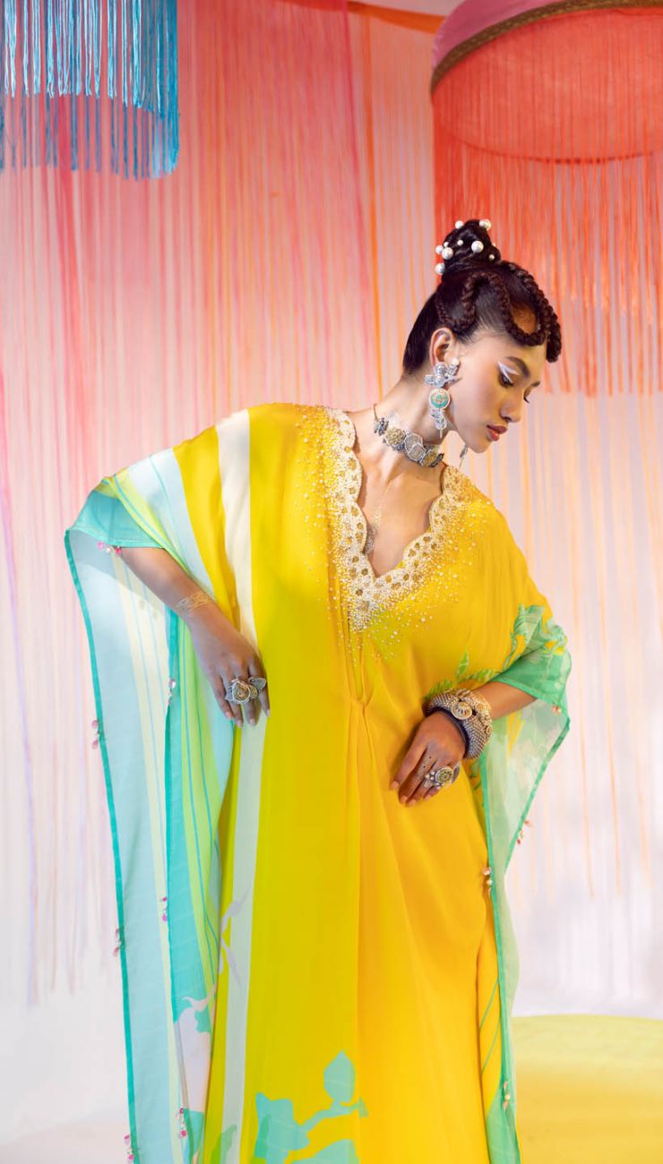 YELLOW PEARL KAFTAN Indo-Western Wear by Rajiramniq for women Worldwide