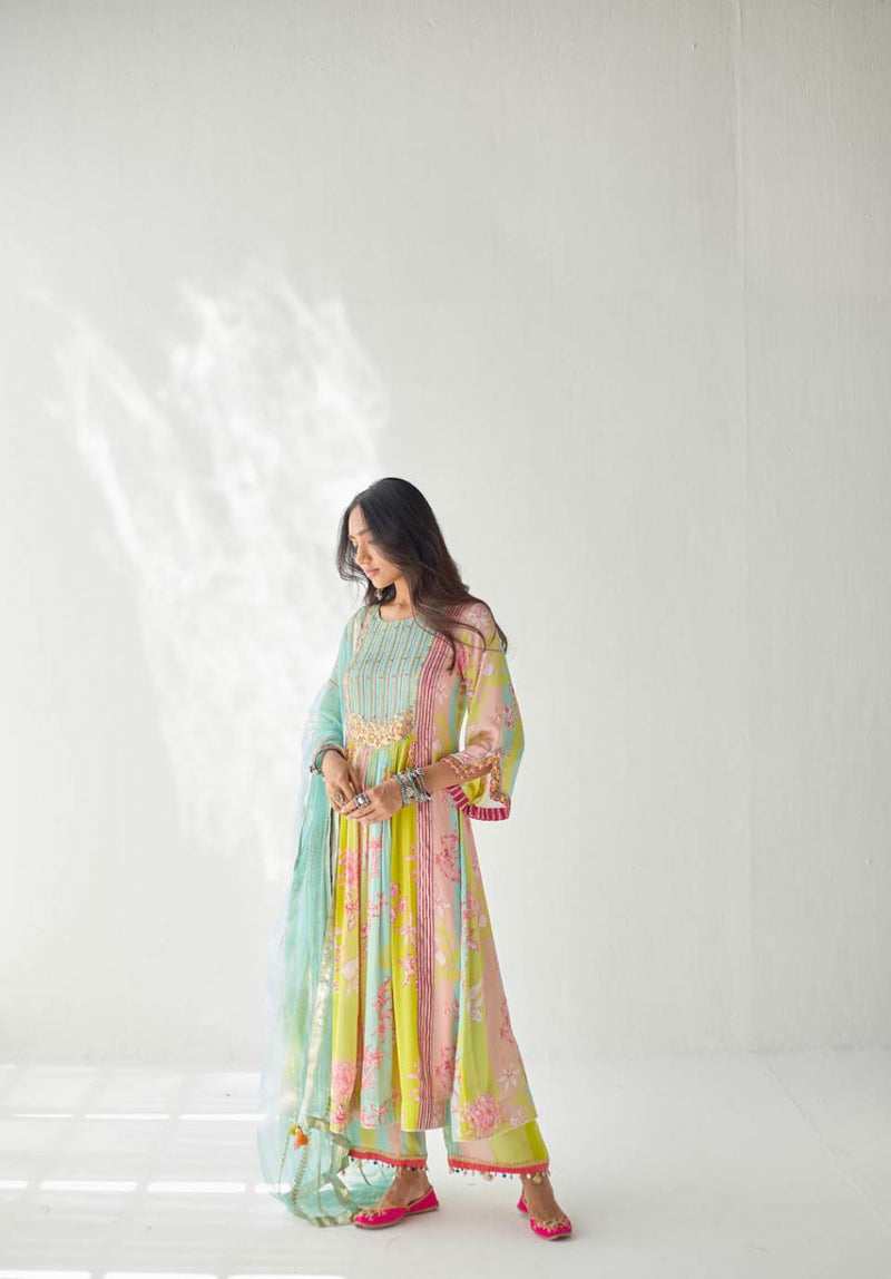 LIME YELLOW ORCHID FRONT PUCKERING YOKE KURTA SET Kurta Sets by Rajiramniq for women Worldwide
