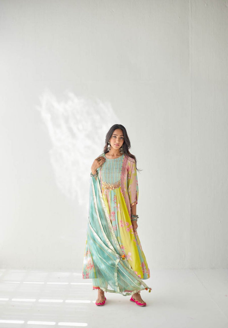 LIME YELLOW ORCHID FRONT PUCKERING YOKE KURTA SET Kurta Sets by Rajiramniq for women Worldwide