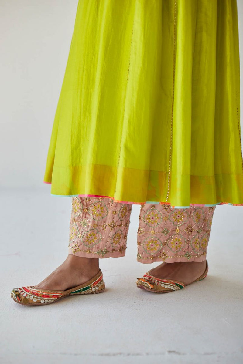 BRIGHT GREEN SIDE KALI KURTA SET Kurta Sets by Rajiramniq for women Worldwide