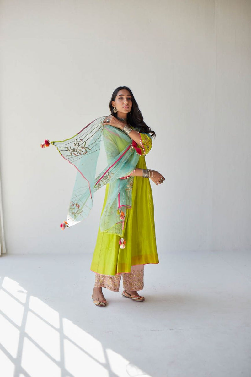 BRIGHT GREEN SIDE KALI KURTA SET Kurta Sets by Rajiramniq for women Worldwide