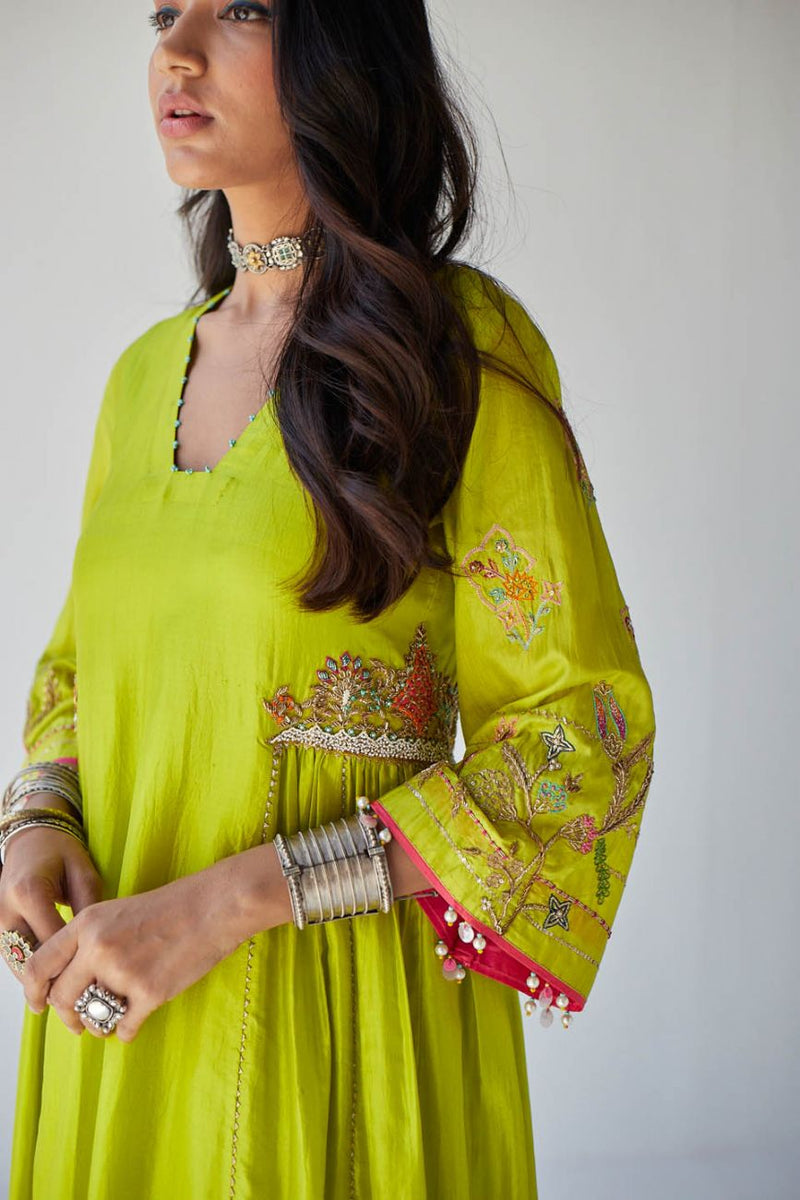 BRIGHT GREEN SIDE KALI KURTA SET Kurta Sets by Rajiramniq for women Worldwide