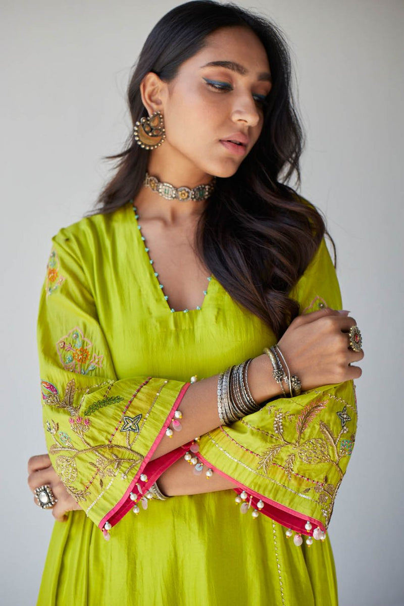 BRIGHT GREEN SIDE KALI KURTA SET Kurta Sets by Rajiramniq for women Worldwide