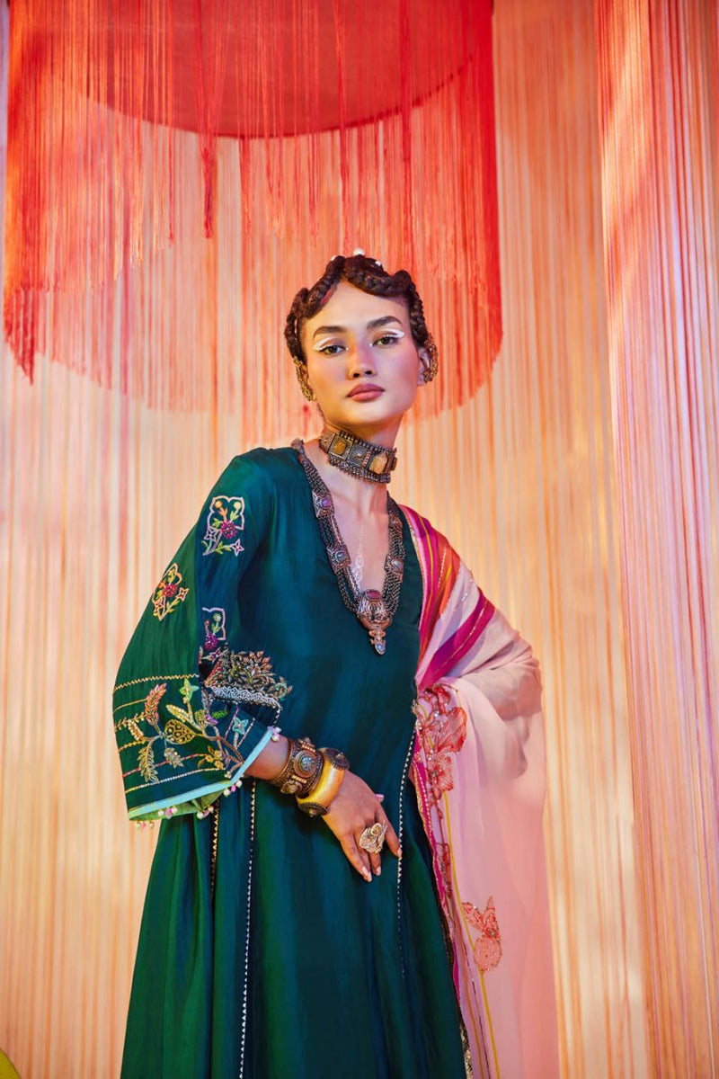TEAL GREEN SIDE KALI KURTA SET Kurta Sets by Rajiramniq for women Worldwide