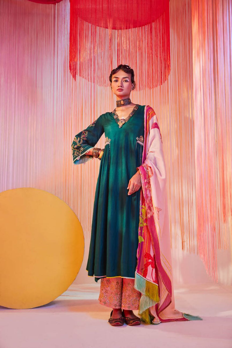 TEAL GREEN SIDE KALI KURTA SET Kurta Sets by Rajiramniq for women Worldwide