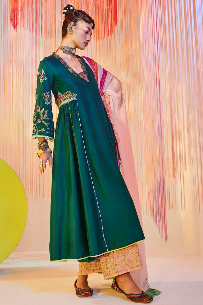 TEAL GREEN SIDE KALI KURTA SET Kurta Sets by Rajiramniq for women Worldwide