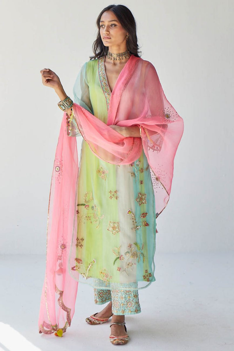 POWDER BLUE JAAL ORGANZA KURTA SET Kurta Sets by Rajiramniq for women Worldwide