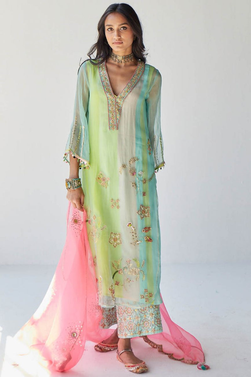 POWDER BLUE JAAL ORGANZA KURTA SET Kurta Sets by Rajiramniq for women Worldwide
