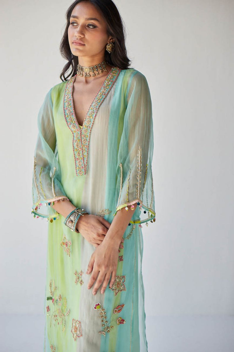 POWDER BLUE JAAL ORGANZA KURTA SET Kurta Sets by Rajiramniq for women Worldwide