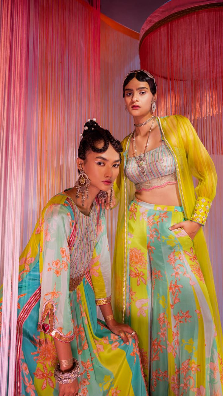LIME GREEN ORCHID JACKET SET Kurta Sets by Rajiramniq for women Worldwide