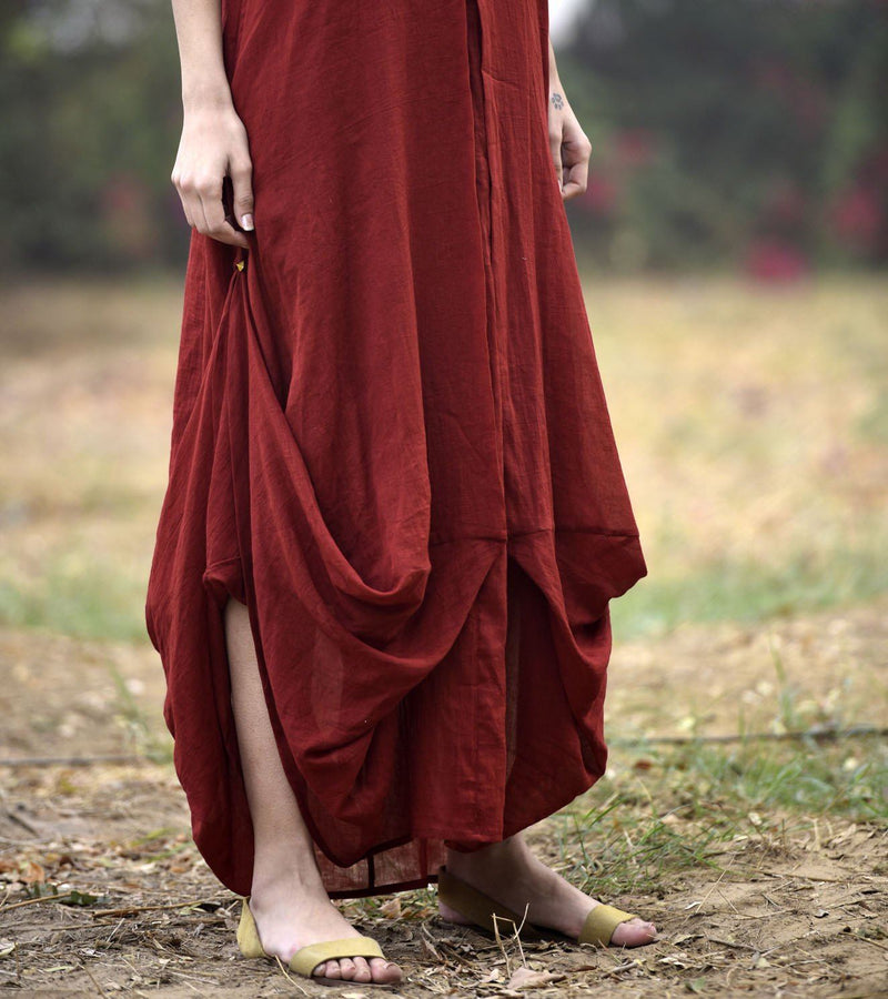 DEEP RED LOVE COWL AND DRAPE DRESS by Khara Kapas in red for women Worldwide