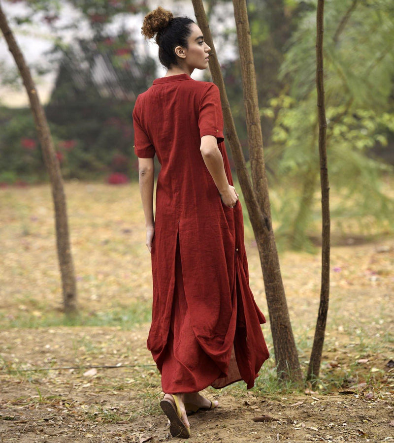 DEEP RED LOVE COWL AND DRAPE DRESS by Khara Kapas in red for women Worldwide