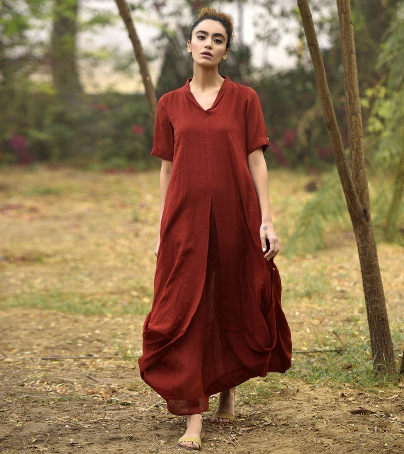 DEEP RED LOVE COWL AND DRAPE DRESS by Khara Kapas in red for women Worldwide