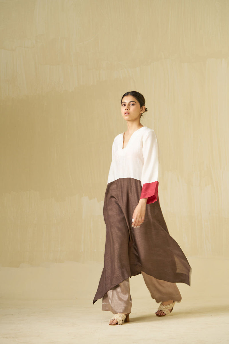 Dove Tunic-Ivory + Hibiscus + Cocoa mysore silk tunics and kaftans by Stoique in ivory, hibiscus, cocoa for women Worldwide