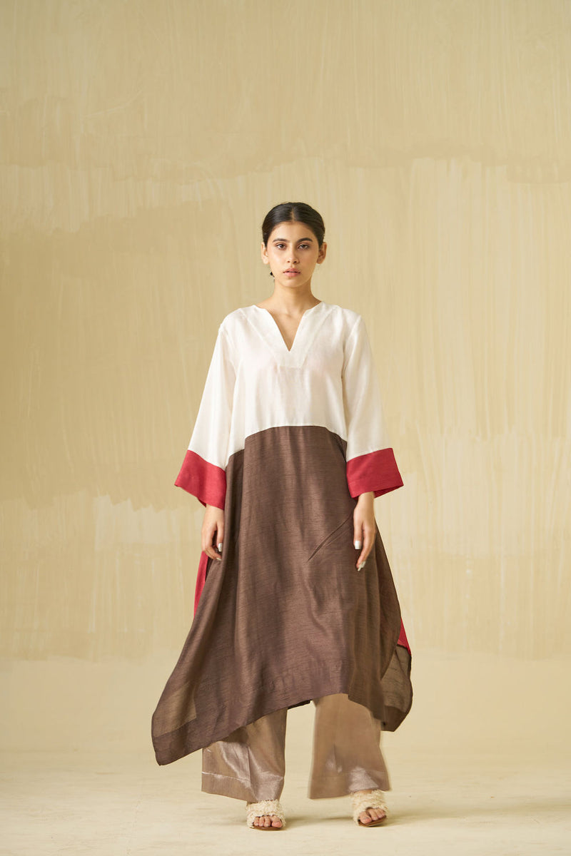 Dove Tunic-Ivory + Hibiscus + Cocoa mysore silk tunics and kaftans by Stoique in ivory, hibiscus, cocoa for women Worldwide