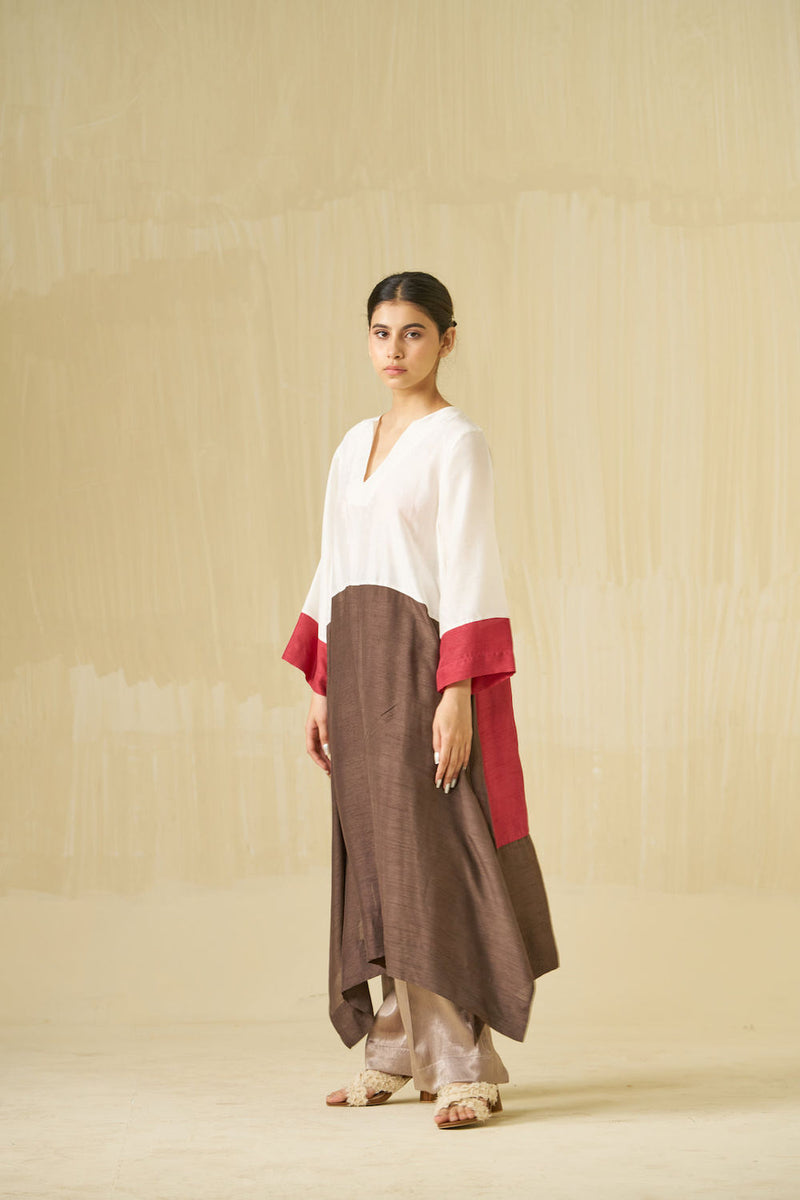 Dove Tunic-Ivory + Hibiscus + Cocoa mysore silk tunics and kaftans by Stoique in ivory, hibiscus, cocoa for women Worldwide