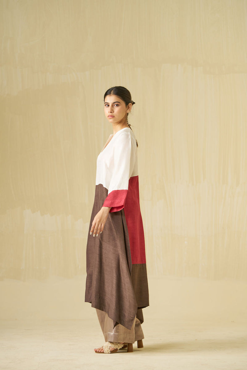 Dove Tunic-Ivory + Hibiscus + Cocoa mysore silk tunics and kaftans by Stoique in ivory, hibiscus, cocoa for women Worldwide