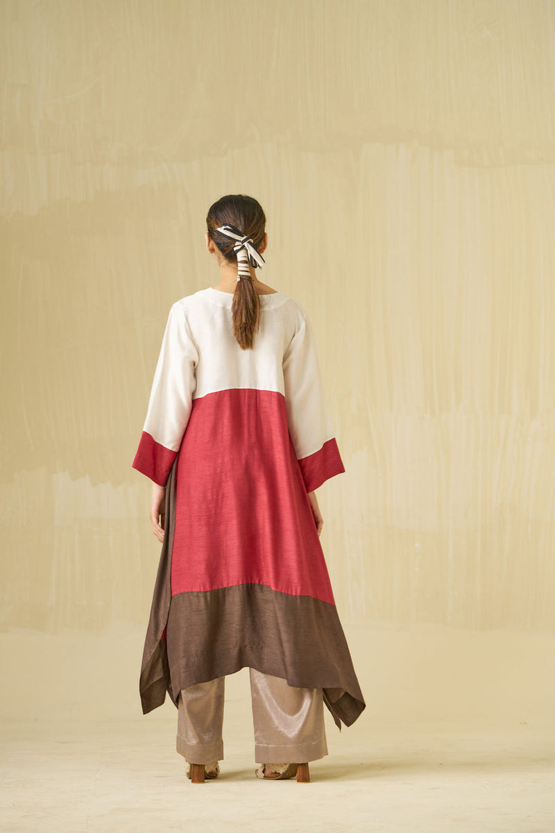 Dove Tunic-Ivory + Hibiscus + Cocoa mysore silk tunics and kaftans by Stoique in ivory, hibiscus, cocoa for women Worldwide