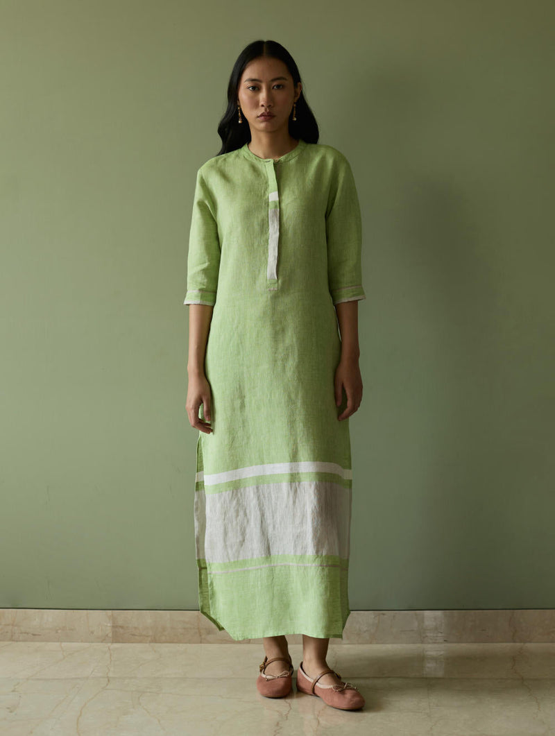 Terra Border Linen Dress-Meadow linen by Manan in green color for women Worldwide