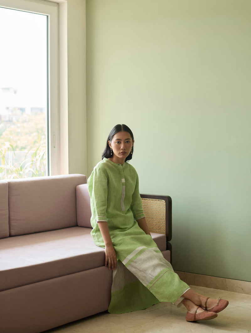 Terra Border Linen Dress-Meadow linen by Manan in green color for women Worldwide