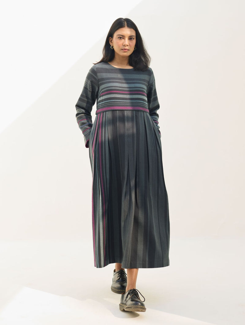 Fiona Merino Wool Pleated Dress - Charcoal by Manan in charcoal color for women Worldwide