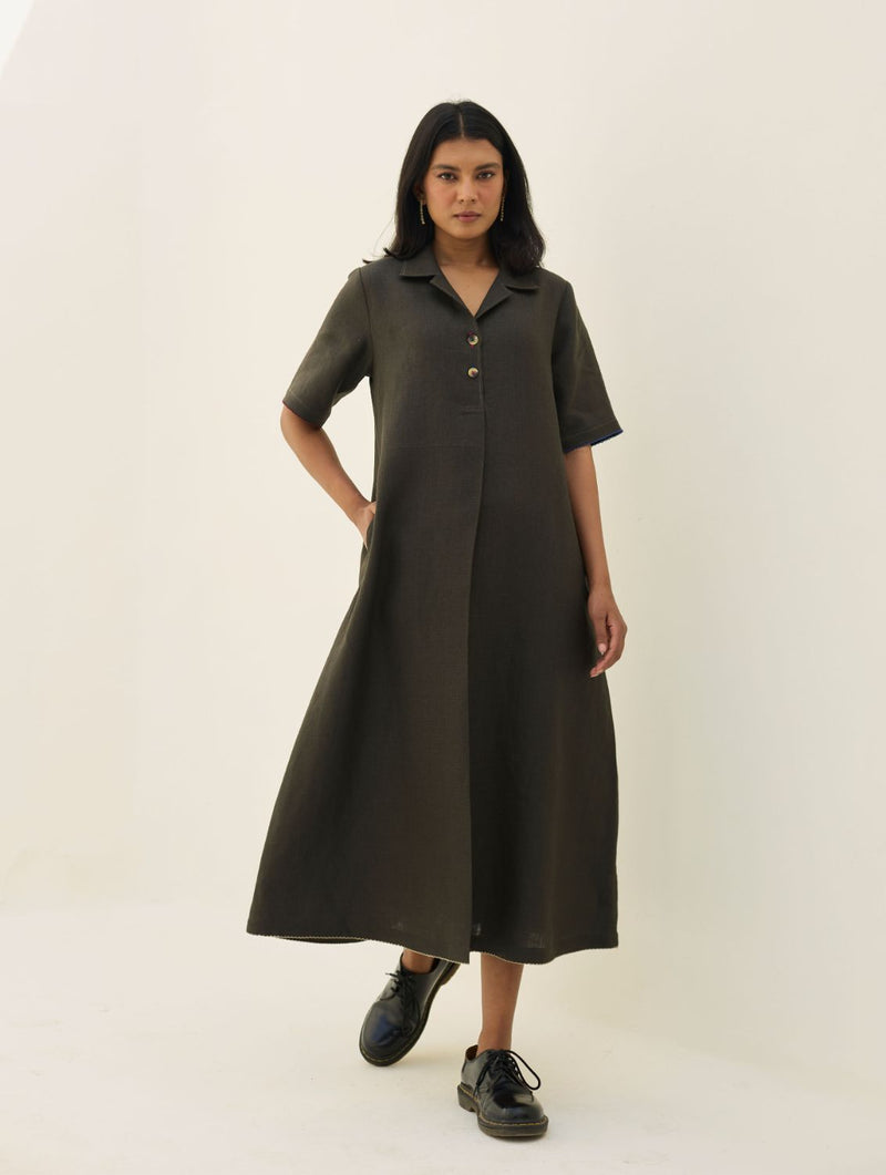 Aster Thick Linen Dress - Olive Charcoal all linen by Manan in charcoal color for women Worldwide