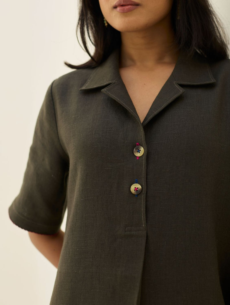 Aster Thick Linen Dress - Olive Charcoal all linen by Manan in charcoal color for women Worldwide