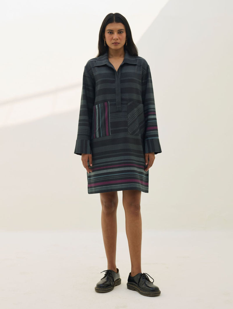 Eden Patch Pocket Dress - Charcoal all linen by Manan in charcoal color for women Worldwide
