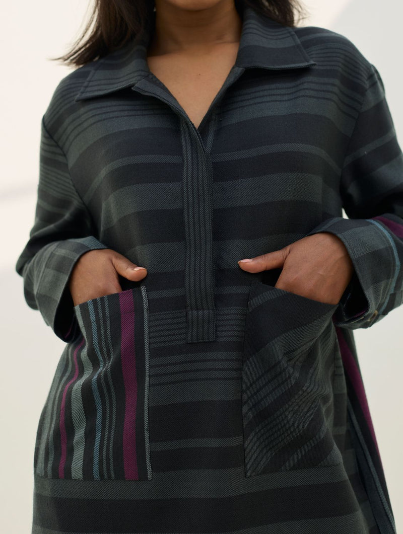 Eden Patch Pocket Dress - Charcoal all linen by Manan in charcoal color for women Worldwide