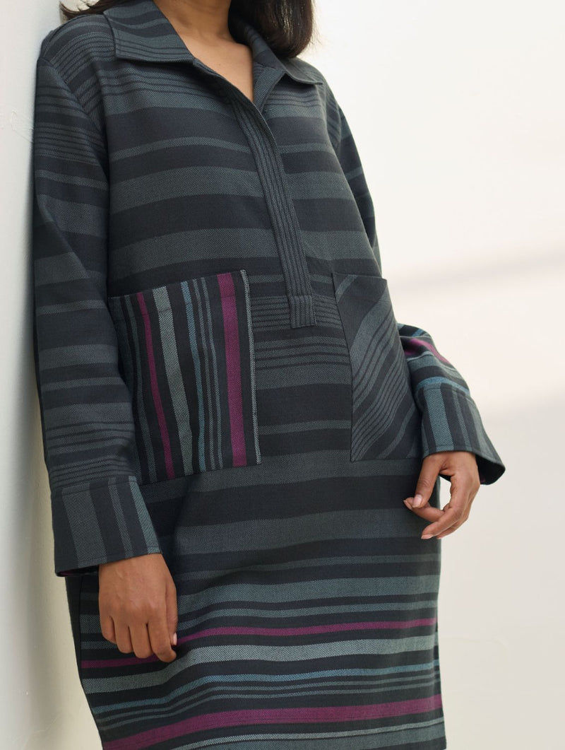 Eden Patch Pocket Dress - Charcoal all linen by Manan in charcoal color for women Worldwide