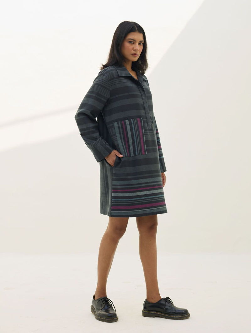 Eden Patch Pocket Dress - Charcoal all linen by Manan in charcoal color for women Worldwide