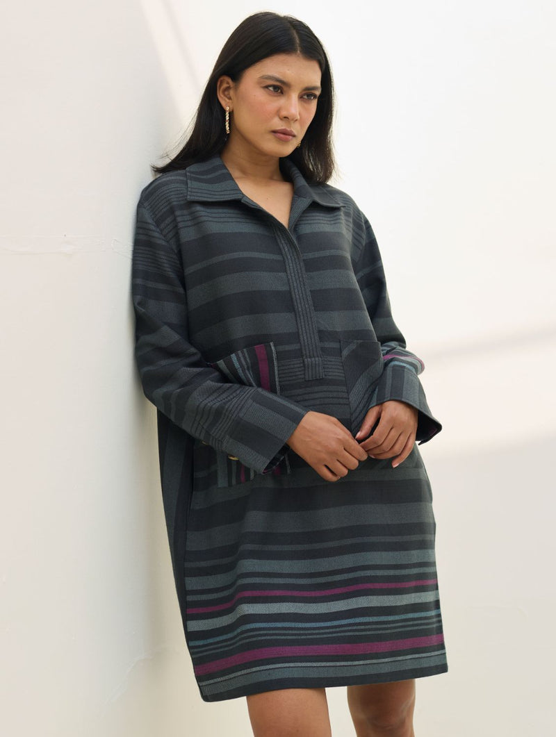 Eden Patch Pocket Dress - Charcoal all linen by Manan in charcoal color for women Worldwide