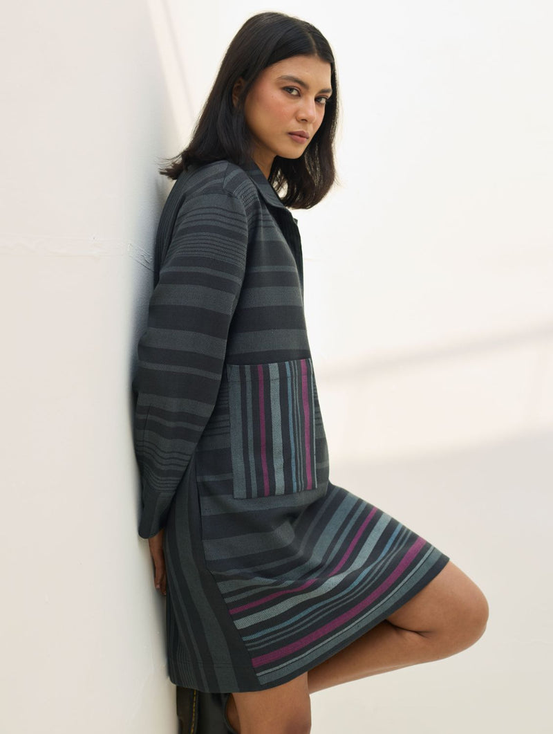 Eden Patch Pocket Dress - Charcoal all linen by Manan in charcoal color for women Worldwide