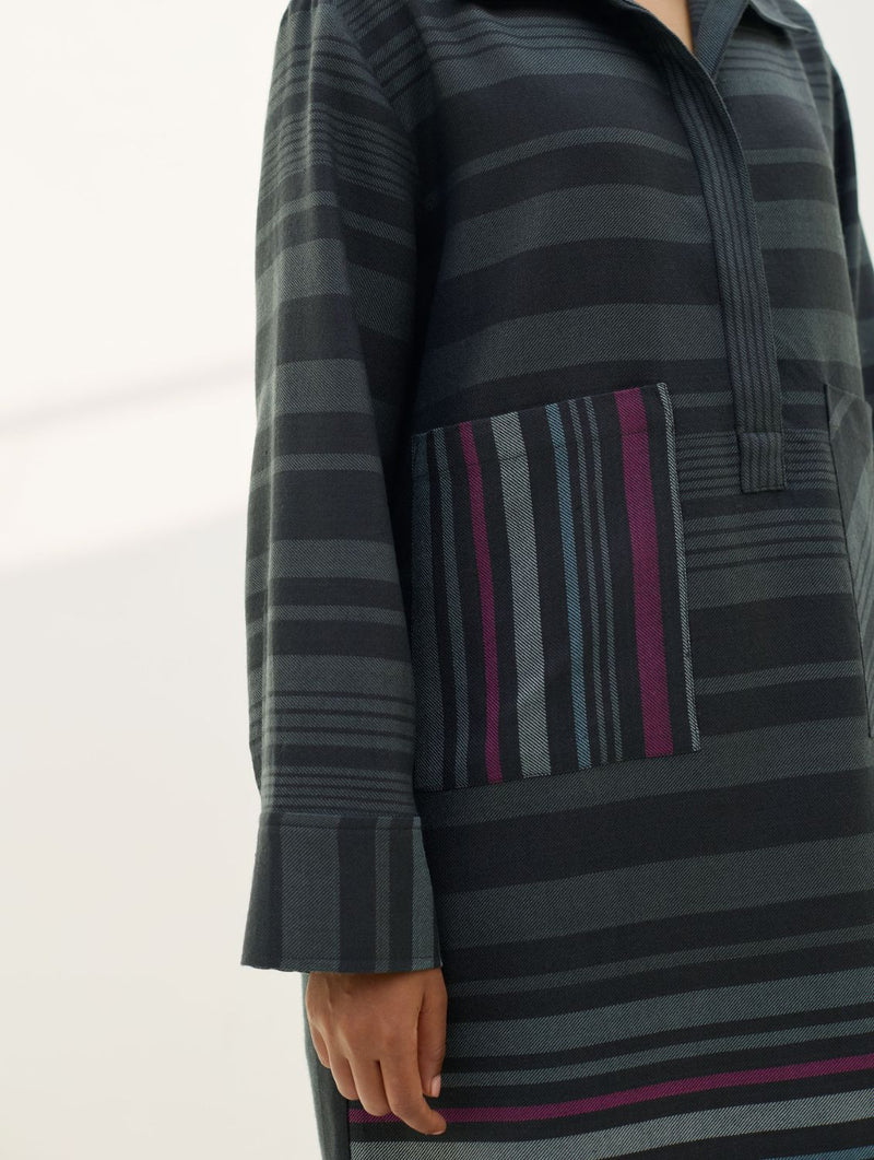 Eden Patch Pocket Dress - Charcoal all linen by Manan in charcoal color for women Worldwide