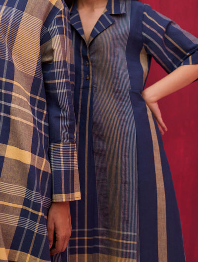 Vera Check Linen Dress - Navy