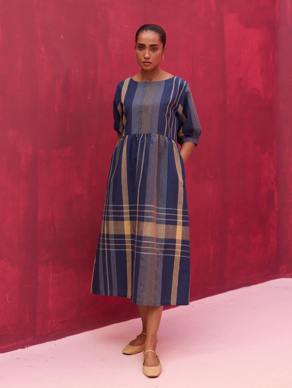 Nata Check Linen Dress - Navy