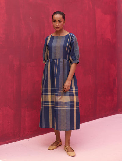 Nata Check Linen Dress - Navy