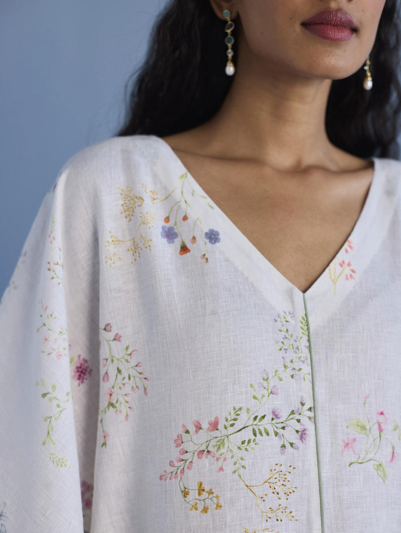 Eva Floral Linen Kaftan Dress - White linen by Manan in white color for women Worldwide