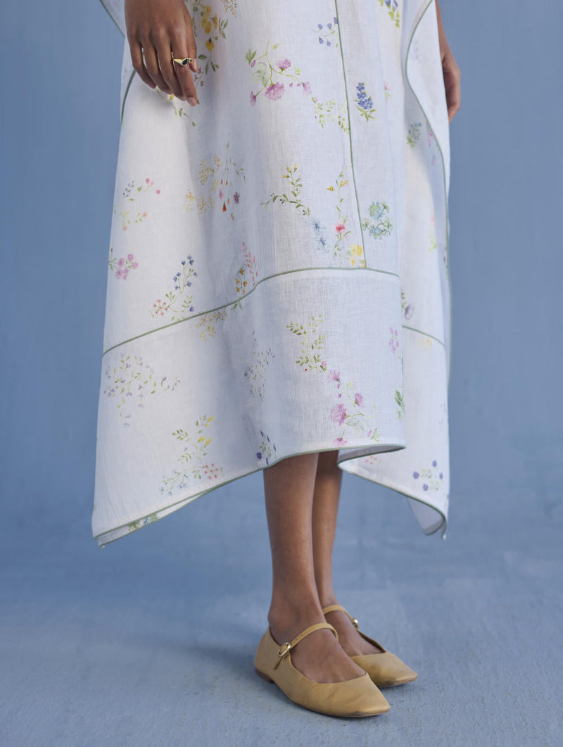 Eva Floral Linen Kaftan Dress - White linen by Manan in white color for women Worldwide