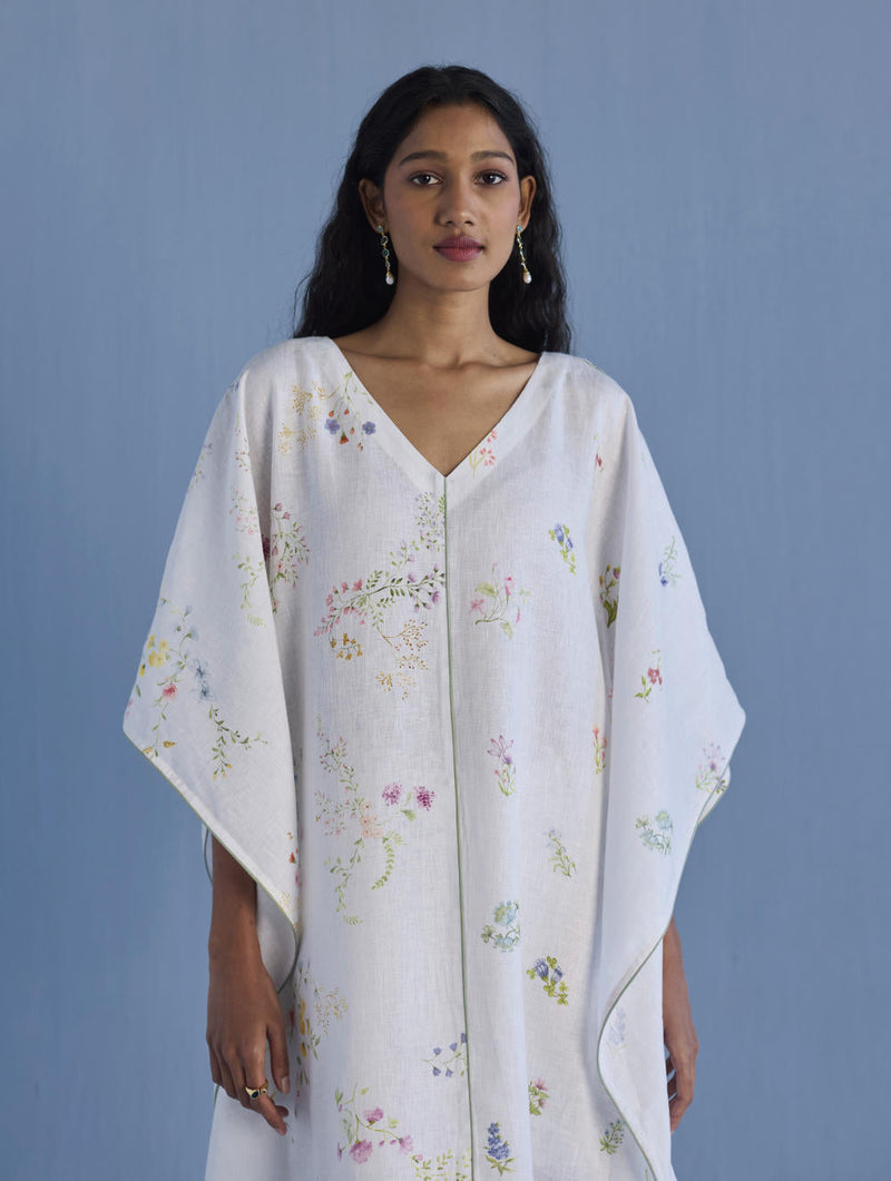 Eva Floral Linen Kaftan Dress - White linen by Manan in white color for women Worldwide
