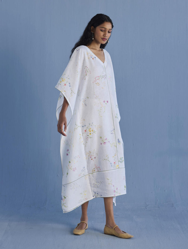 Eva Floral Linen Kaftan Dress - White linen by Manan in white color for women Worldwide