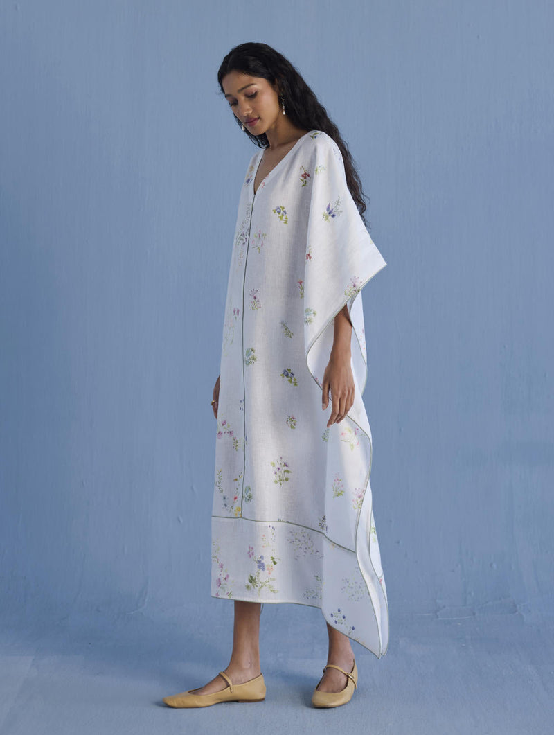 Eva Floral Linen Kaftan Dress - White linen by Manan in white color for women Worldwide