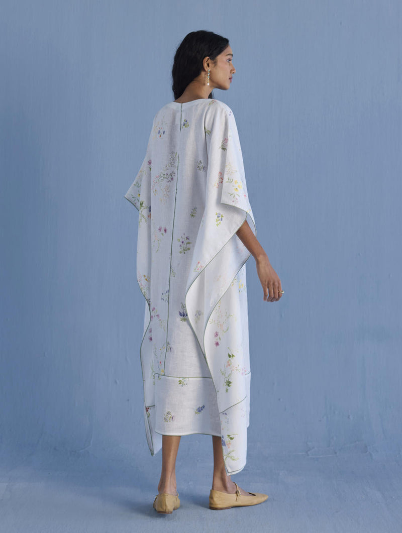 Eva Floral Linen Kaftan Dress - White linen by Manan in white color for women Worldwide