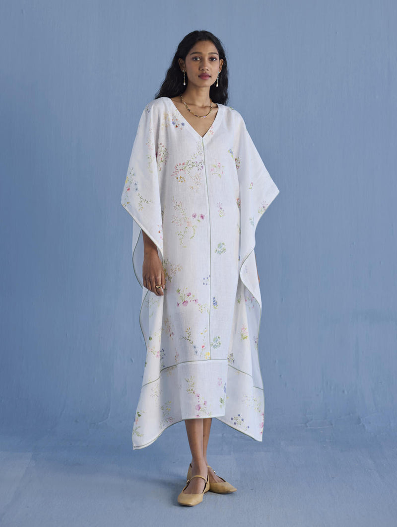 Eva Floral Linen Kaftan Dress - White linen by Manan in white color for women Worldwide