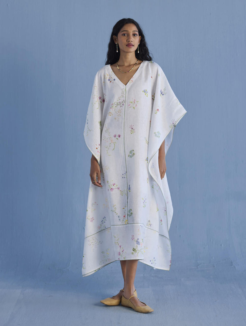 Eva Floral Linen Kaftan Dress - White linen by Manan in white color for women Worldwide