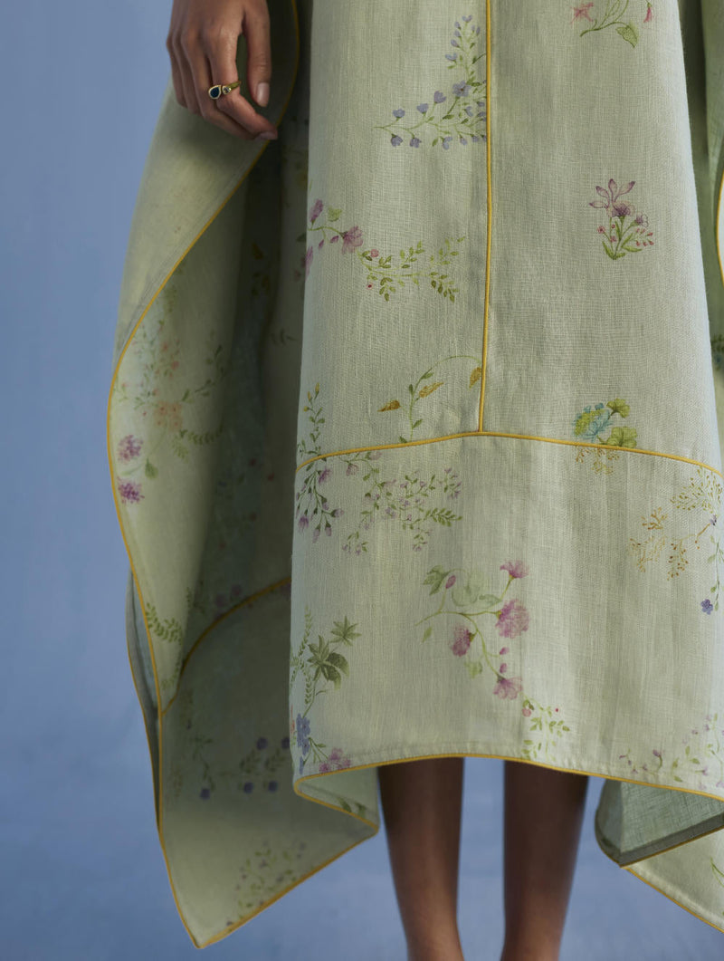 Eva Floral Linen Kaftan Dress - Mint linen by Manan in mint color for women Worldwide