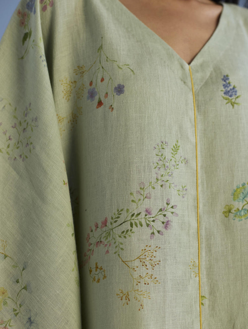 Eva Floral Linen Kaftan Dress - Mint linen by Manan in mint color for women Worldwide